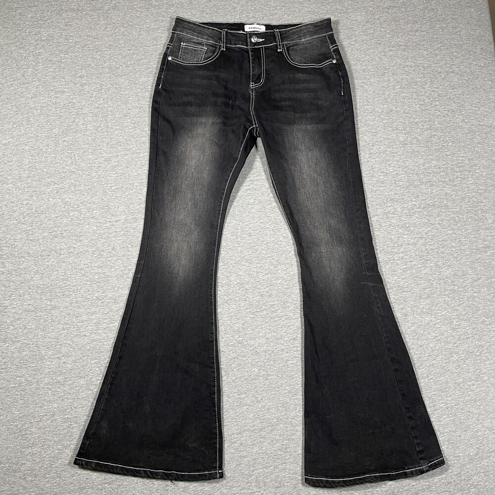 Bamboo Flare Jeans Womens 9 Black Dark Wash Low Rise Rhinestone Cross Denim